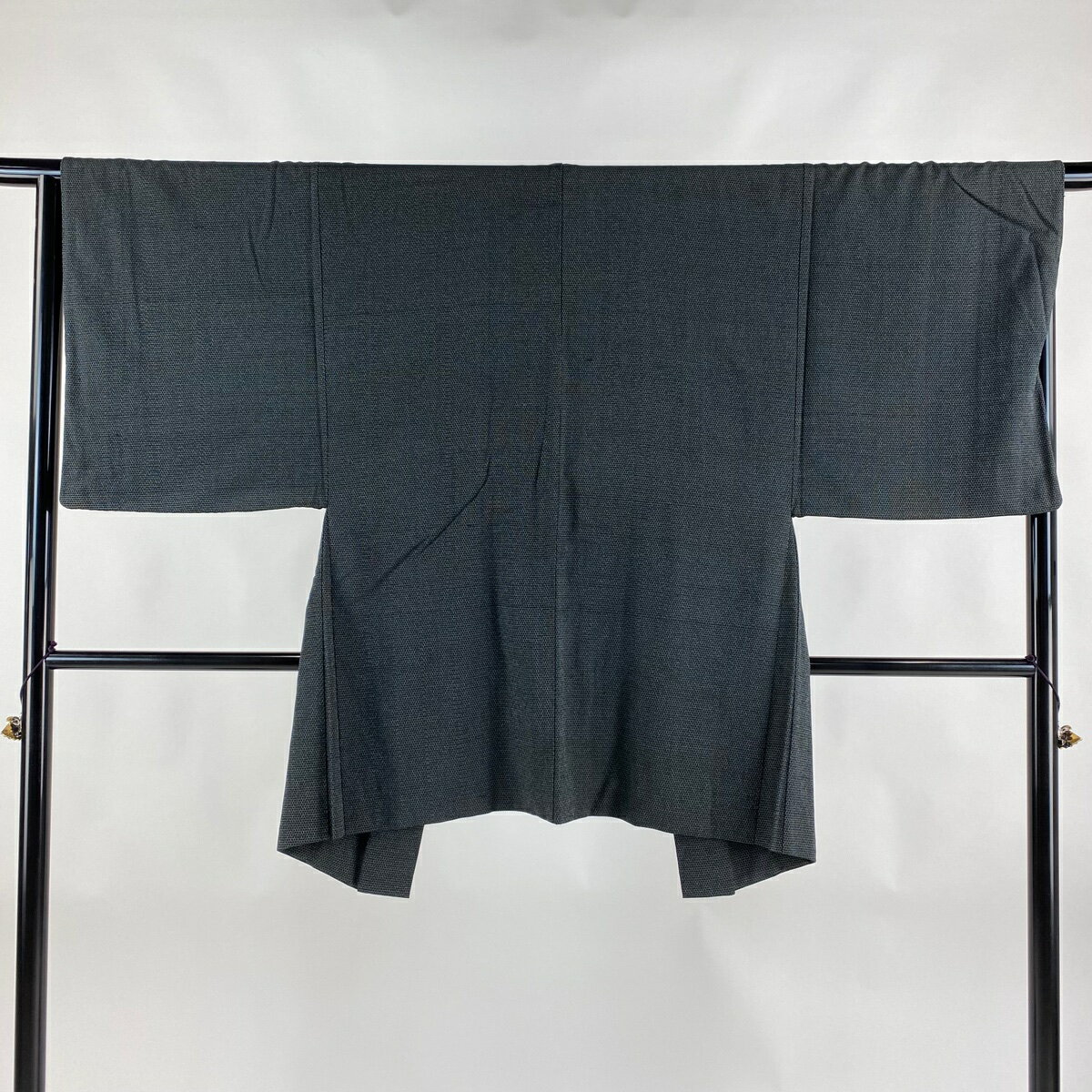 男着物 身丈90cm 裄丈65.5cm S 羽織 紬 幾何学 墨色 正絹 優品 【中古】