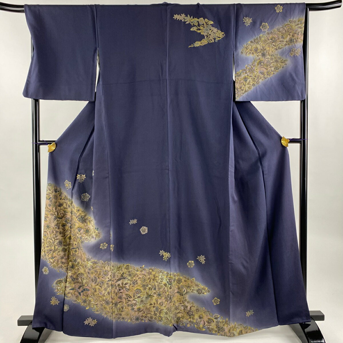 訪問着 身丈163.5cm 裄丈68cm L 袷 草花 鳥 金彩 ぼかし 濃紺 正絹 秀品 【中古】