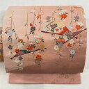 【最終値引き】 名古屋帯 美品 優品 扇 枝垂れ桜 唐織 箔 ピンク 正絹 【中古】 msp70