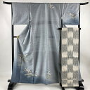 着物セット 身丈161.5cm 裄丈66.5cm M 袷 袋帯セット 紬地 落款あり 建物 松竹梅 ぼかし 青灰色 正絹 秀品 【中古】