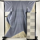 着物セット 身丈160cm 裄丈65cm M 袷 袋帯セット 紬地 竹 金銀彩 ぼかし 青灰色 正絹 秀品 【中古】