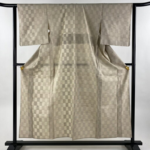 付下げ 身丈156cm 裄丈62.5cm S 単衣 紬地 市松 絣柄 ベージュ 正絹 美品 秀品 【中古】 付下げ 身丈156cm 裄丈62.5cm S 単衣 紬地 市松 絣柄 ベージュ 正絹 美品 秀品 【中古】