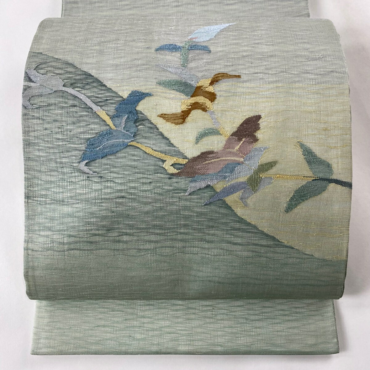 袋帯 美品 秀品 夏帯 草花 薄緑 お太鼓柄 正絹 【中古】