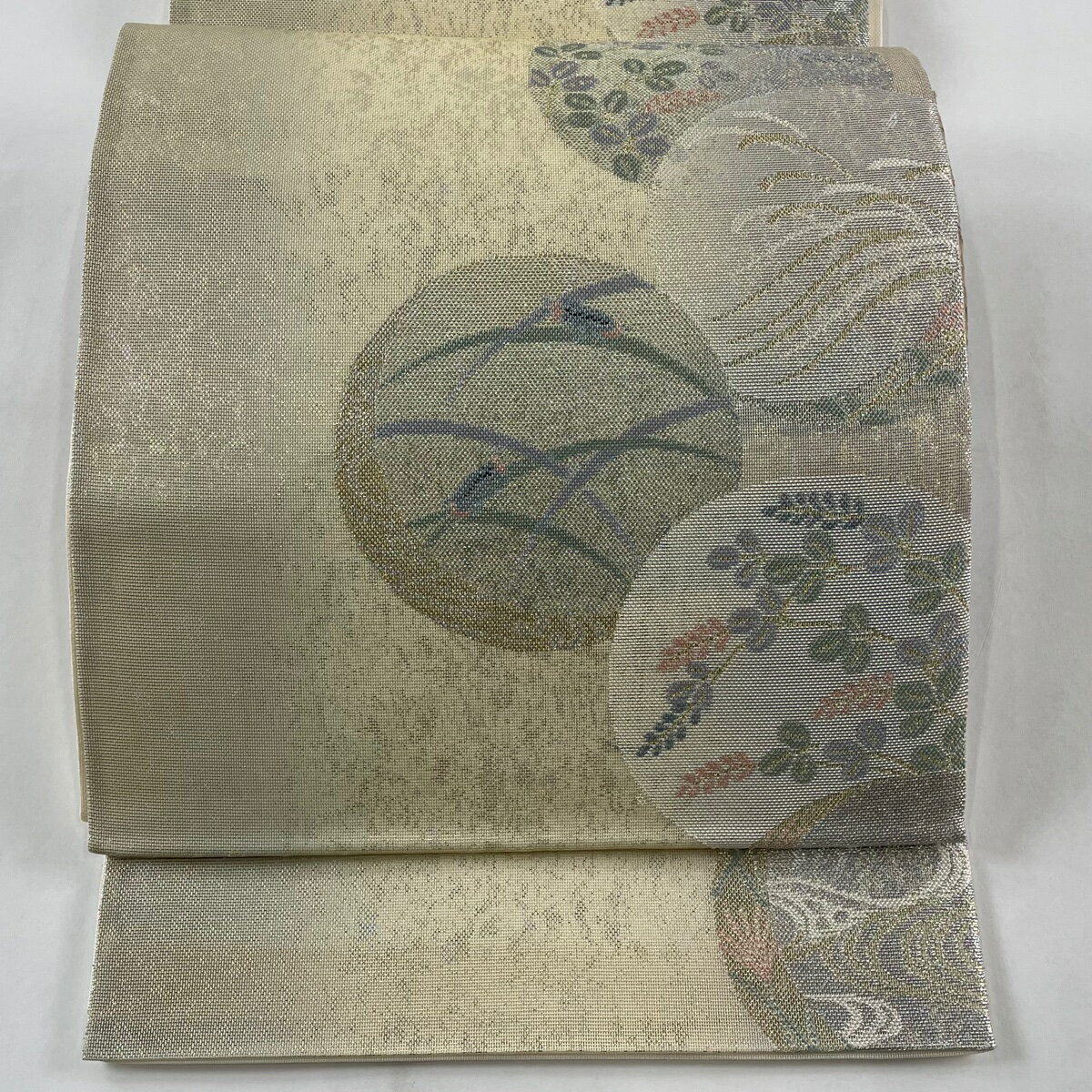 袋帯 秀品 夏帯 丸文 萩 金銀糸 箔 ベージュ 六通 正絹 【中古】