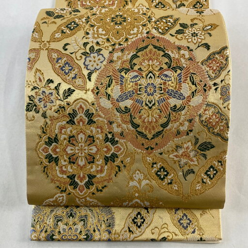 袋帯 逸品 華文 鴛鴦 箔 金糸 ベージュ 六通 正絹 【中古】 袋帯 逸品 華文 鴛鴦 箔 金糸 ベージュ 六通 正絹 【中古】