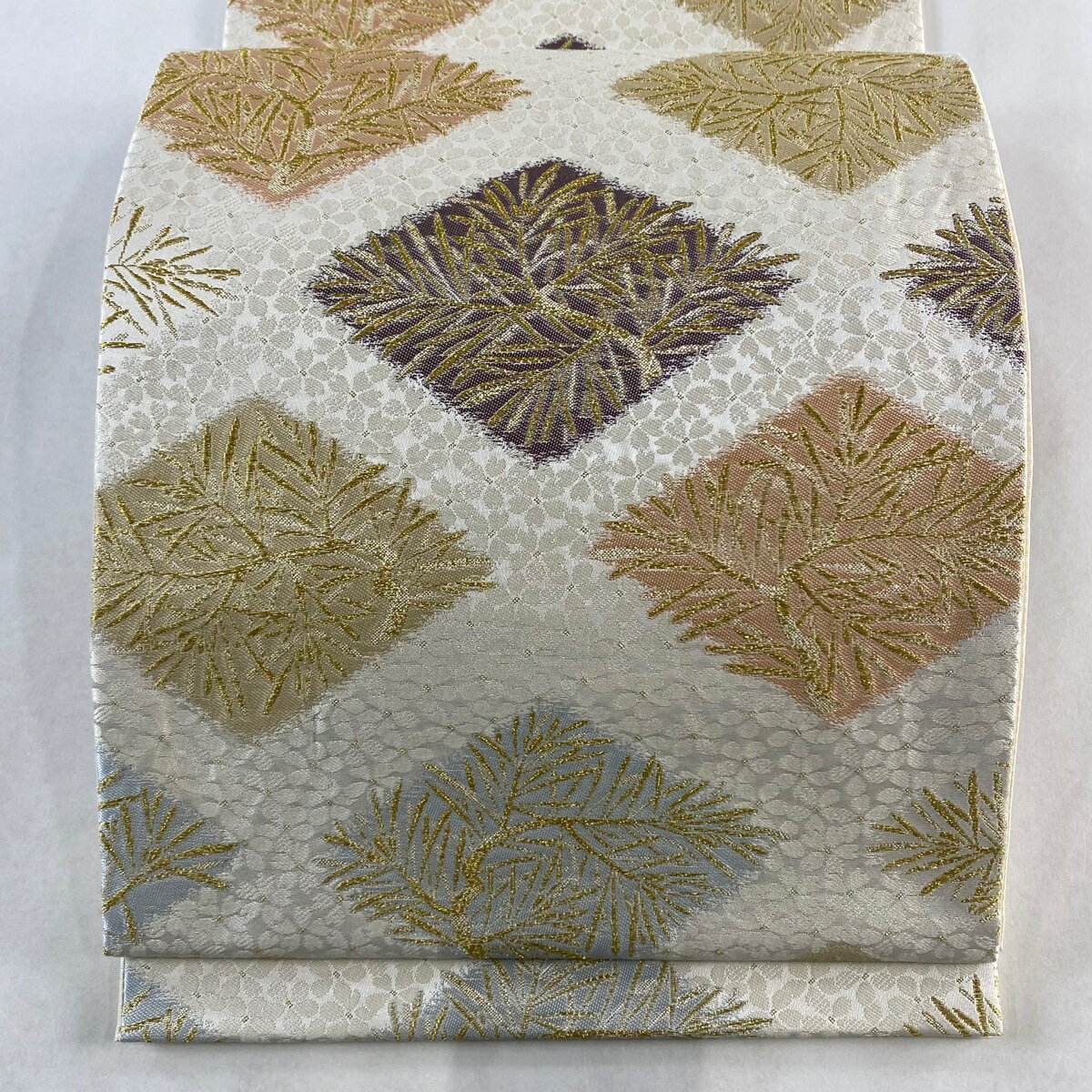 袋帯 美品 逸品 千地泰弘 落款あり 菱 若松 金糸 水色 六通 正絹 【中古】 msp30