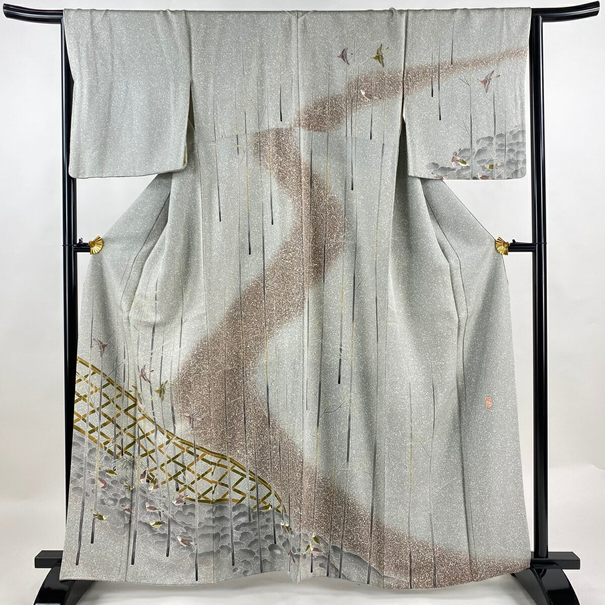 訪問着 身丈162cm 裄丈65cm M 袷 落款あり 鳥 枝 ぼかし 灰色 正絹 名品 【中古】