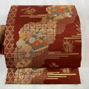 【最終値引き】 名古屋帯 美品 優品 道長取り 扇面 箔 金糸 えんじ色 正絹 【中古】 msp70