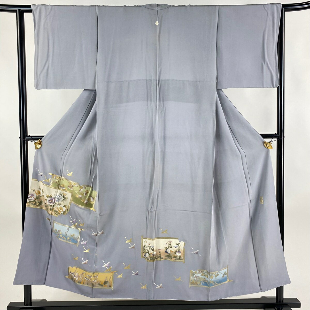 色留袖 身丈153.5cm 裄丈62cm S 袷 和田光正 落款あり 鶴 草花 金銀彩 青灰色 正絹 名品 一つ紋 【中古】