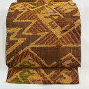 【最終値引き】 名古屋帯 美品 優品 八寸名古屋帯 松葉仕立て 幾何学模様 鳥 山吹茶色 正絹 【中古】 msp70