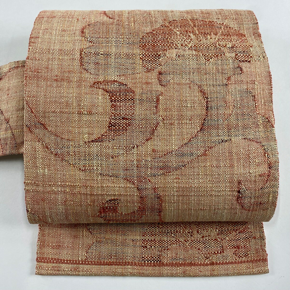 名古屋帯 美品 優品 八寸名古屋帯 関西仕立て 花唐草 薄オレンジ 正絹 【中古】
