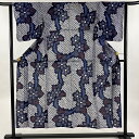 浴衣 身丈147cm 裄丈64.5cm M 絞り浴衣 草花 紺色 綿 名品 【中古】