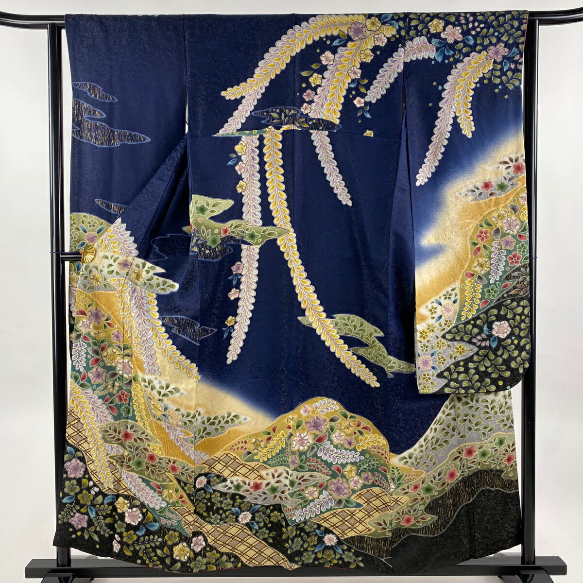 振袖 身丈157.5cm 裄丈62cm S 袷 やまと 辻ヶ花柄 藤 金通し 金彩 濃紺 正絹 美品 逸品 【中古】