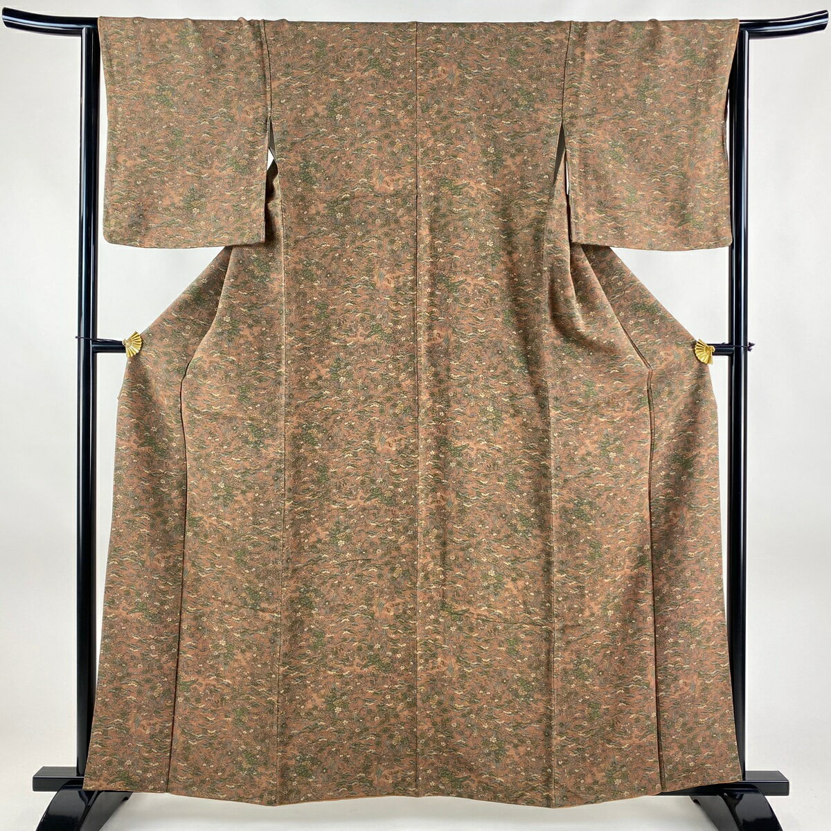 小紋 身丈160cm 裄丈64.5cm M 袷 松竹 網干 縮緬 小豆色 正絹 優品 【中古】