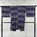 【最終値引き】 道中着 身丈96cm 裄丈66.5cm M 和装コート 紬地 縞 絞り 青紫 正絹 美品 名品 【中古】 msp70