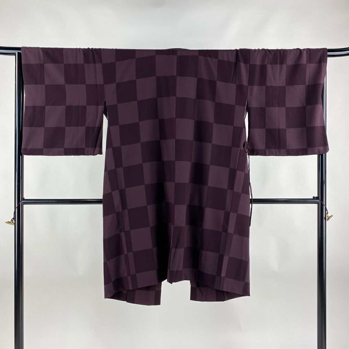 道中着 身丈104cm 裄丈67cm M 和装コート 市松 茶紫 正絹 美品 逸品 【中古】