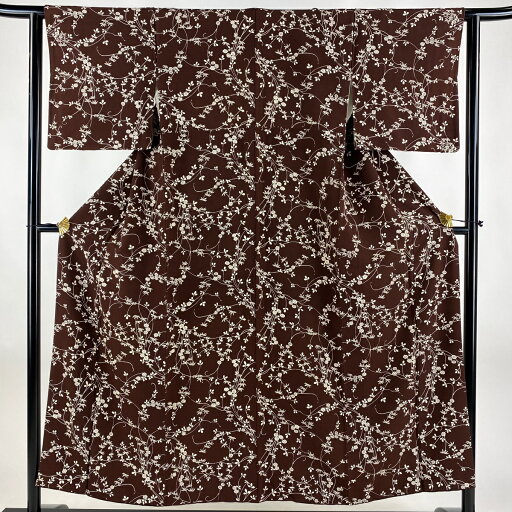 小紋 身丈152cm 裄丈62cm S 袷 萩 草花 茶紫 正絹 優品 【中古】 msp30 小紋 身丈152cm 裄丈62cm S 袷 萩 草花 茶紫 正絹 優品 【中古】 msp30