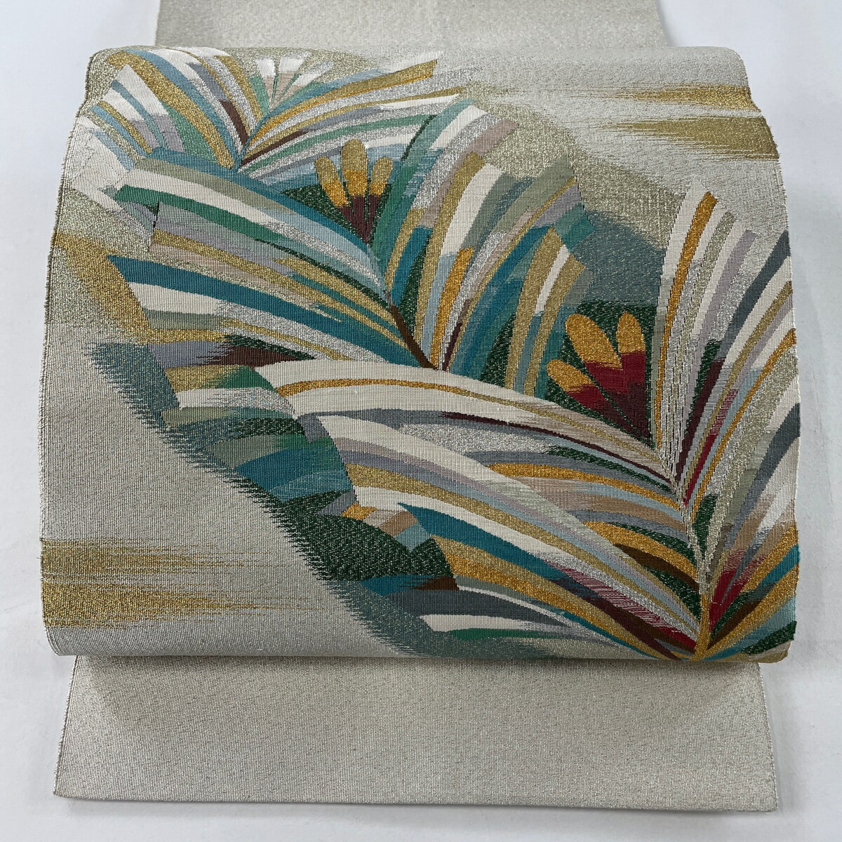名古屋帯 優品 八寸名古屋帯 松葉仕立て 若松 霞 金銀糸 箔 灰白 正絹 【中古】