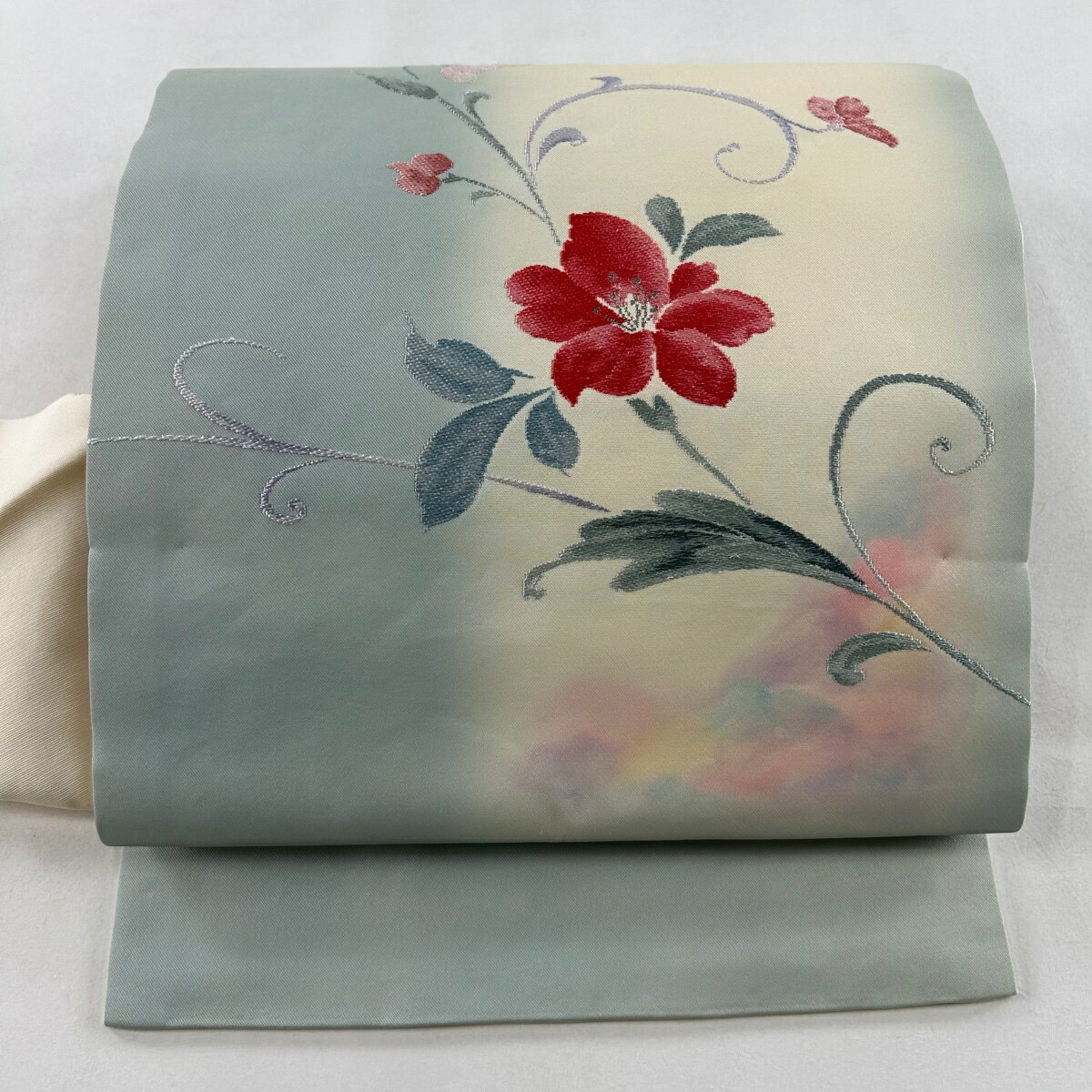 名古屋帯 秀品 草花 霞 銀糸 ぼかし クリーム 正絹 【中古】
