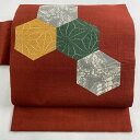 【最終値引き】 名古屋帯 美品 優品 亀甲 蝶 切嵌 刺繍 赤茶 正絹 【中古】 msp70