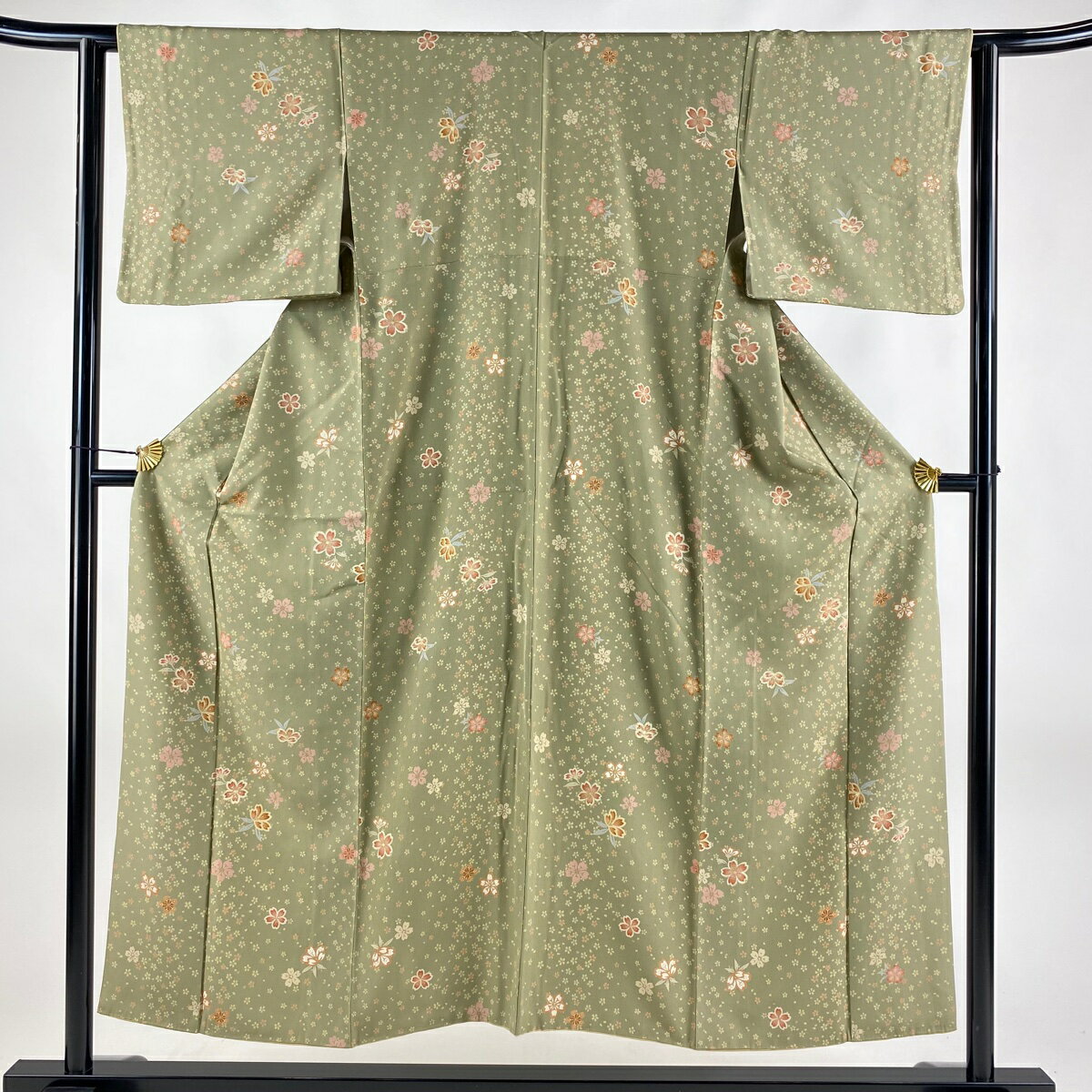 小紋 身丈152cm 裄丈62cm S 袷 桜 金彩 茶緑色 正絹 優品 【中古】