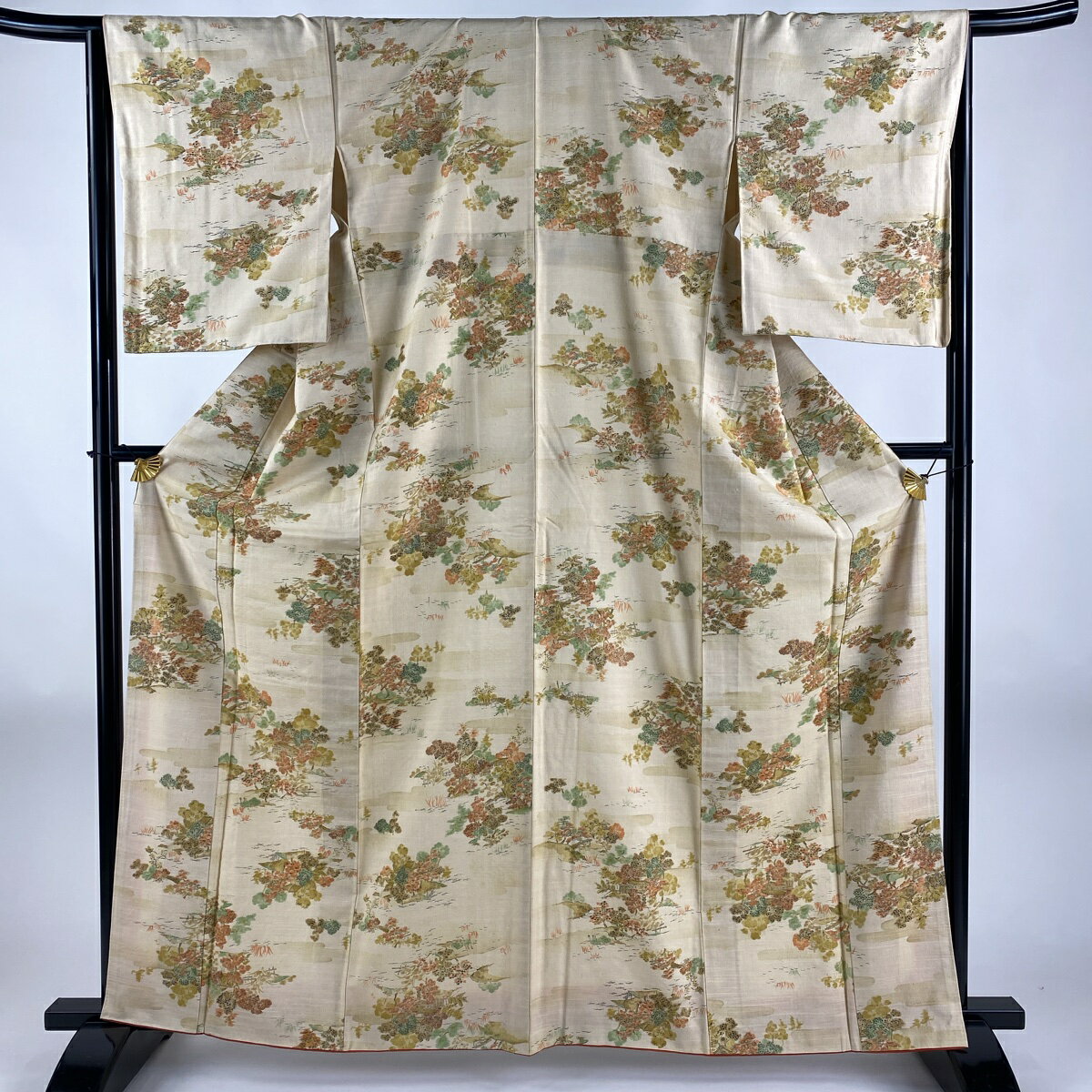 小紋 身丈164cm 裄丈66.5cm M 袷 紬地 樹木 建物 ベージュ 正絹 美品 優品 【中古】