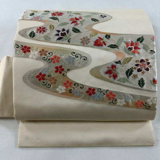 【最終値引き】 名古屋帯 秀品 関西仕立て 草花 霞 金銀糸 箔 ベージュ 正絹 【中古】 msp70 【最終値引き】 名古屋帯 秀品 関西仕立て 草花 霞 金銀糸 箔 ベージュ 正絹 【中古】 msp70