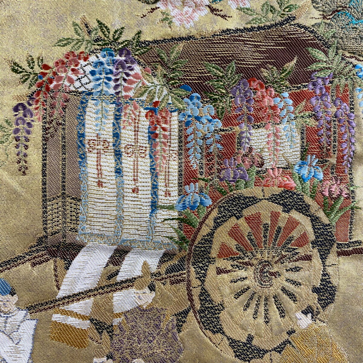【最終値引き】 袋帯 秀品 関西仕立て 人物 御所車 金糸 箔 金色 六通 正絹 【中古】 msp70