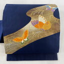 名古屋帯 美品 優品 蝶 葉柄 金銀糸 箔 紺色 正絹 【中古】 msp30(4)