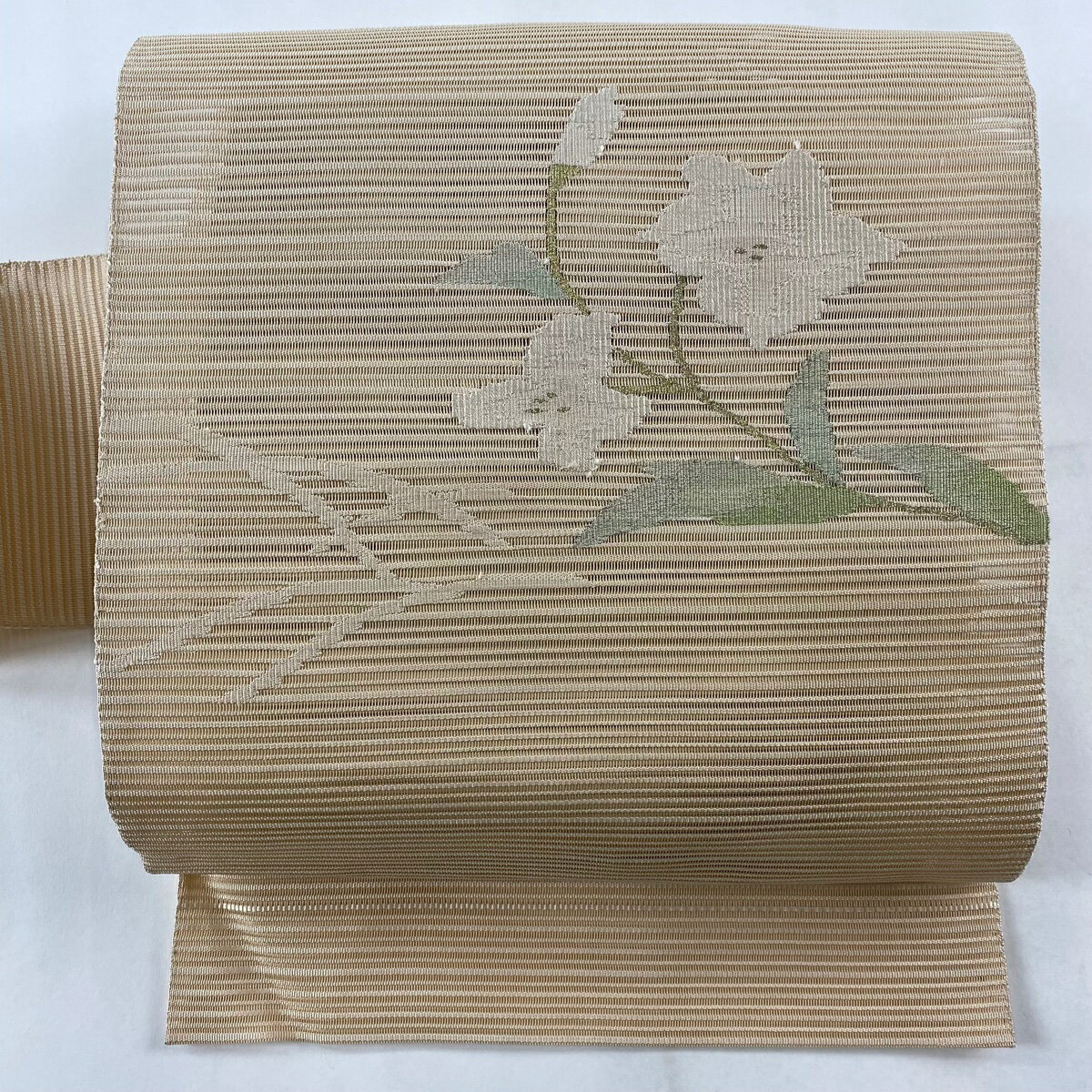 名古屋帯 秀品 夏帯 絽 草花 金糸 ベージュ 正絹 【中古】