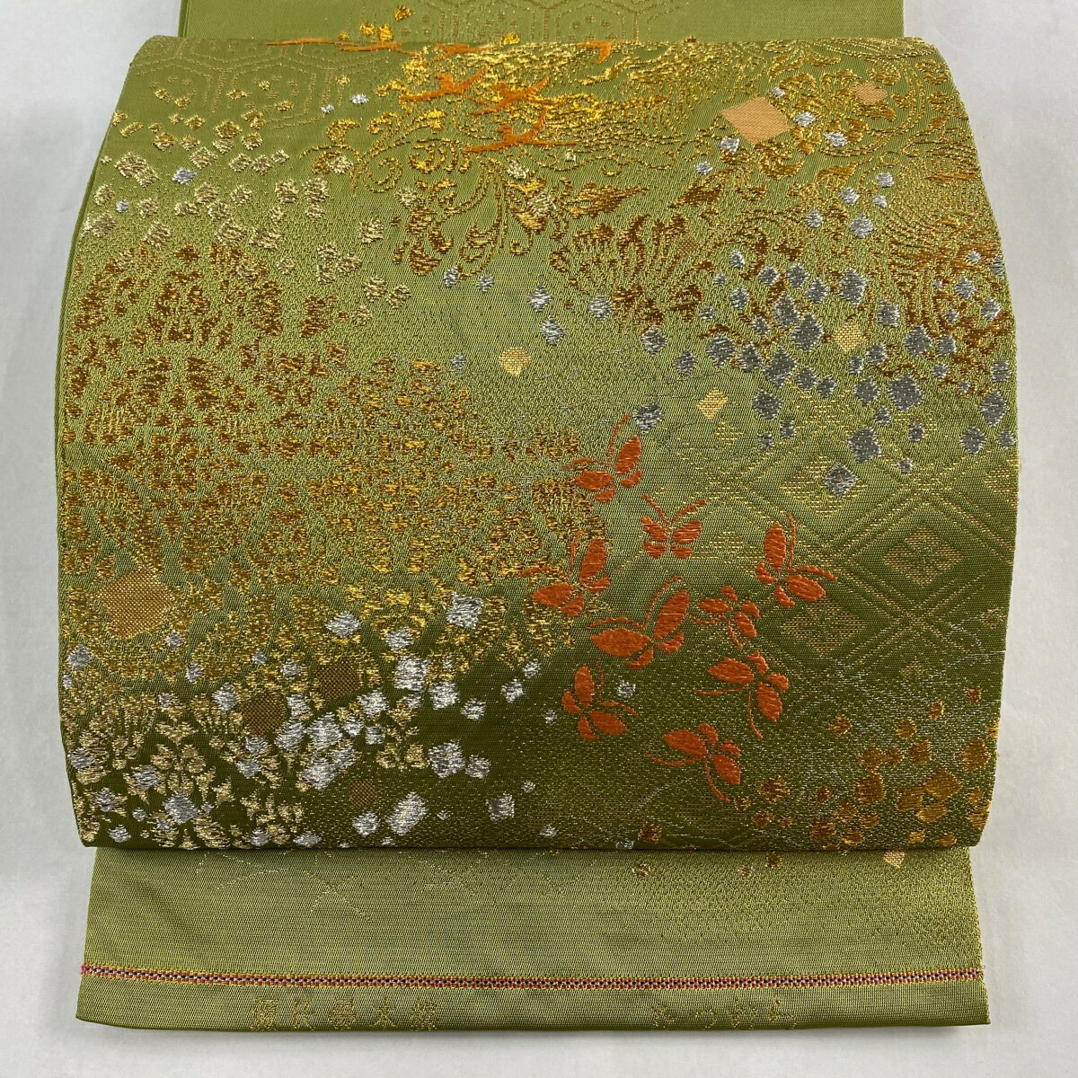 袋帯 美品 逸品 たつむら 関西仕立て 花鳥 波 金銀糸 箔 抹茶色 お太鼓柄 正絹 【中古】