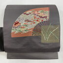 【最終値引き】 名古屋帯 優品 扇 家屋 刺繍 金糸 灰色 正絹 【中古】 msp70