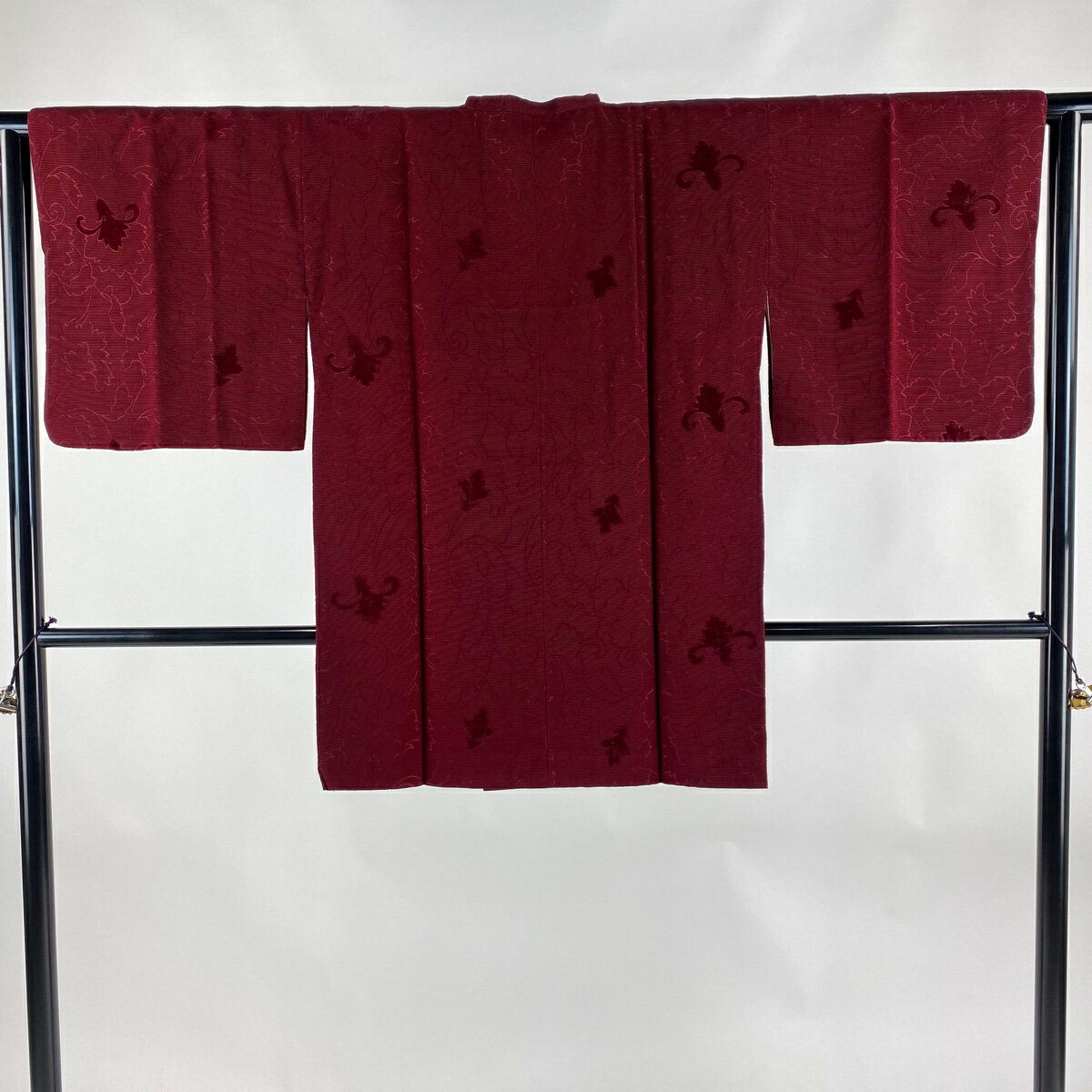 道行 身丈85.5cm 裄丈62cm S 和装コート 角衿 草花 えんじ色 正絹 秀品 【中古】