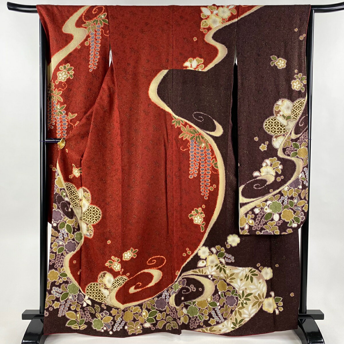 振袖 身丈166cm 裄丈66cm M 袷 辻が花柄 波 金通し 絞り 赤茶 正絹 美品 逸品 【中古】