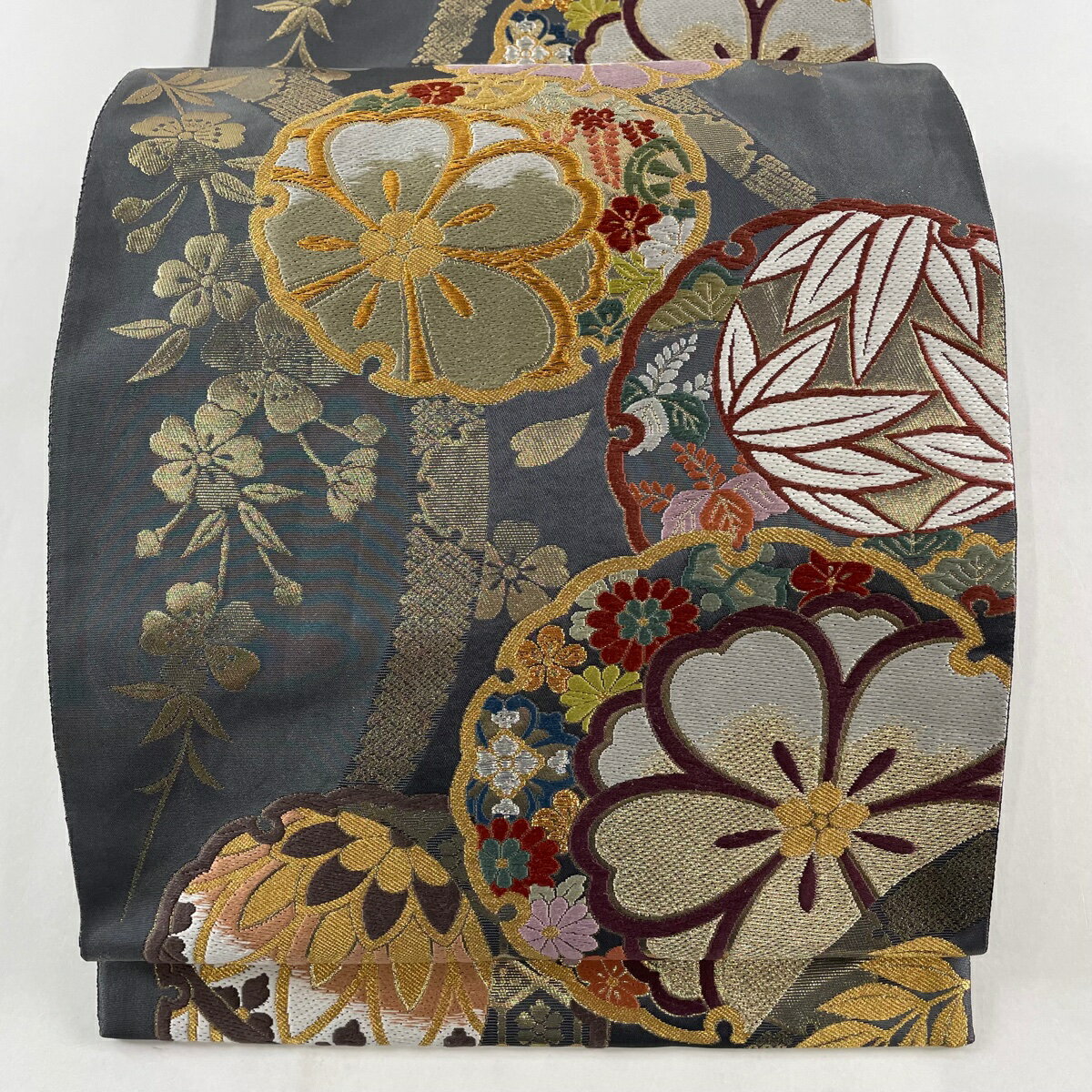 袋帯 美品 秀品 手鞠 桜 金銀糸 箔 灰色 全通 正絹 【中古】