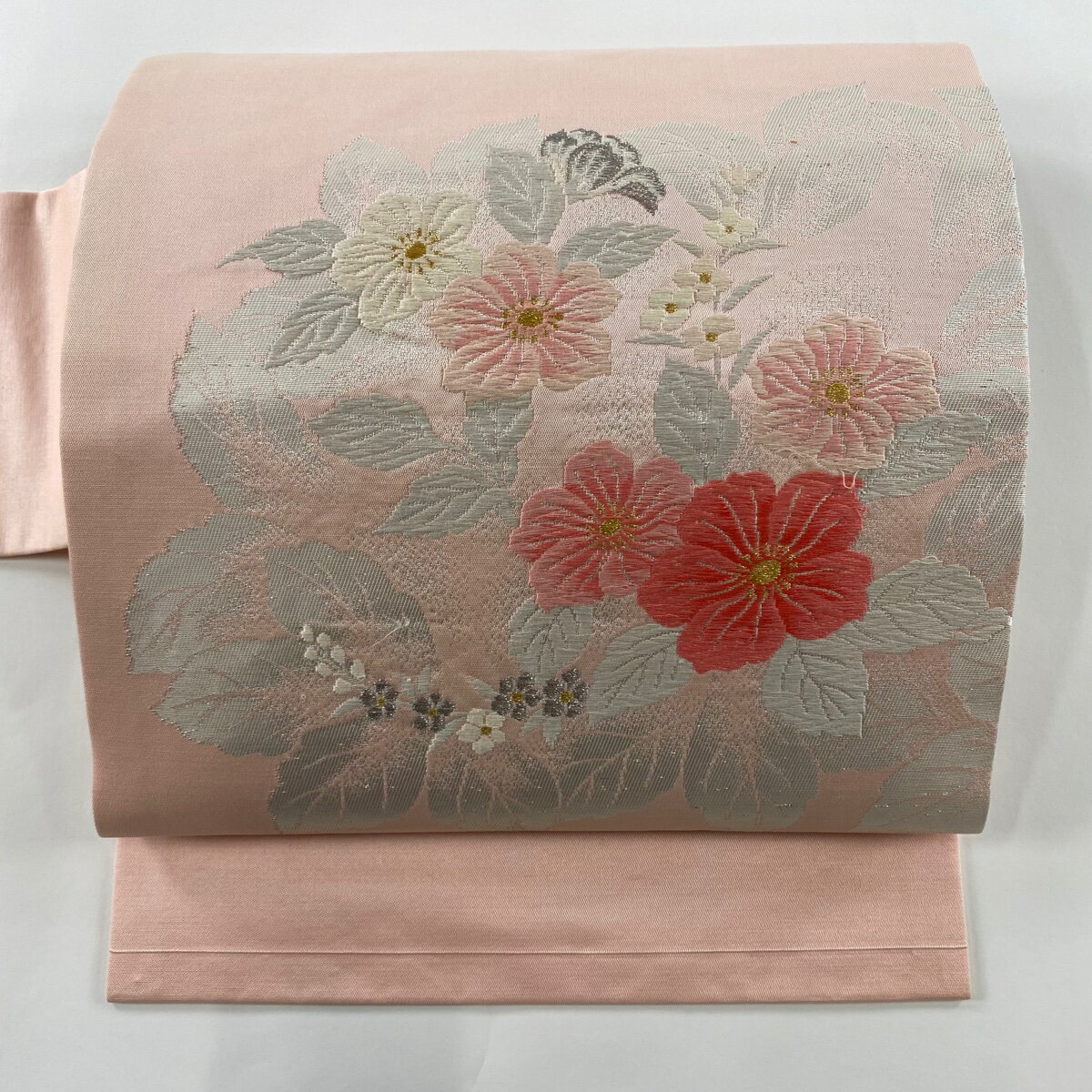 名古屋帯 美品 優品 関西仕立て 草花 金銀糸 箔 薄ピンク 正絹 【中古】