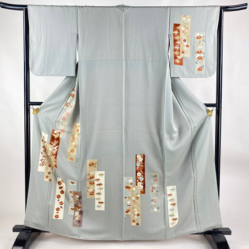 付下げ 身丈162.5cm 裄丈64cm M 袷 短冊 草花 金彩 青灰色 正絹 優品 【中古】 付下げ 身丈162.5cm 裄丈64cm M 袷 短冊 草花 金彩 青灰色 正絹 優品 【中古】