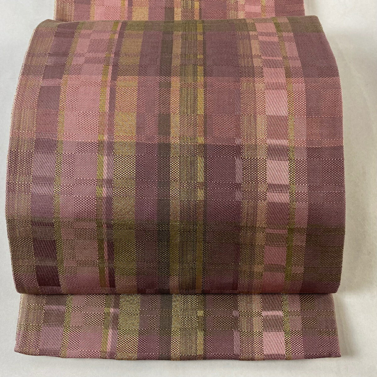 【最終値引き】 袋帯 美品 逸品 縞 変わり市松 金糸 薄紫 全通 正絹 【中古】 msp70