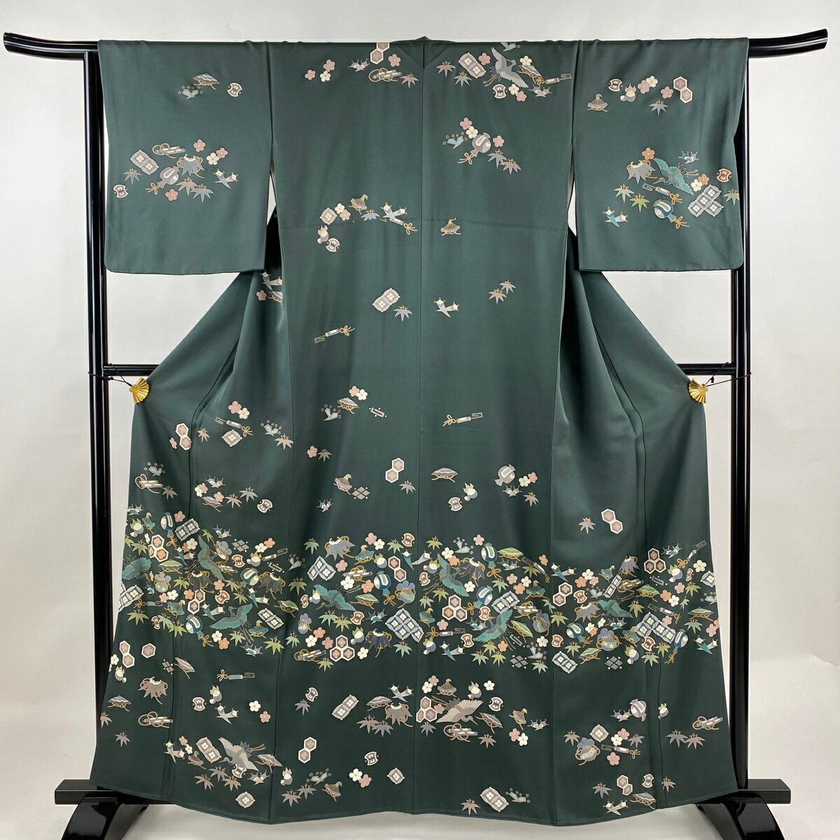 訪問着 身丈159.5cm 裄丈64.5cm M 袷 宝尽くし 鶴 金彩 緑 正絹 名品 【中古】