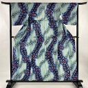 浴衣 身丈157.5cm 裄丈62cm S 絞り浴衣 花 幾何学 青緑 綿 美品 名品 【中古】