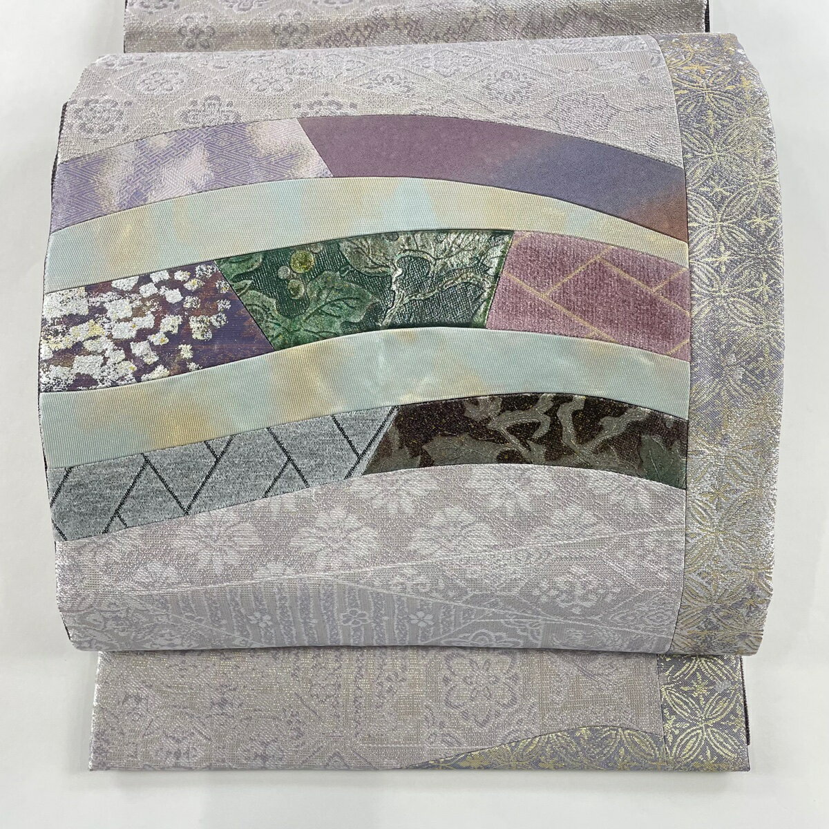 袋帯 美品 秀品 寄せ柄 草花 きりばめ 灰紫 お太鼓柄 正絹 【中古】