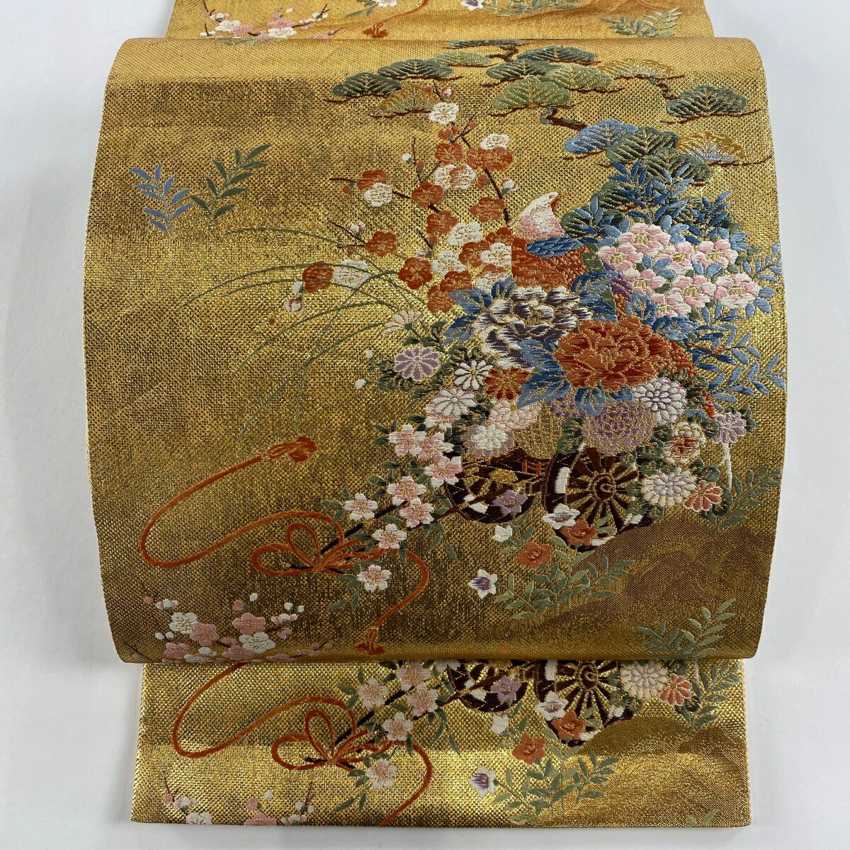 袋帯 美品 秀品 花車 松梅 金糸 箔 金色 六通 正絹 【中古】