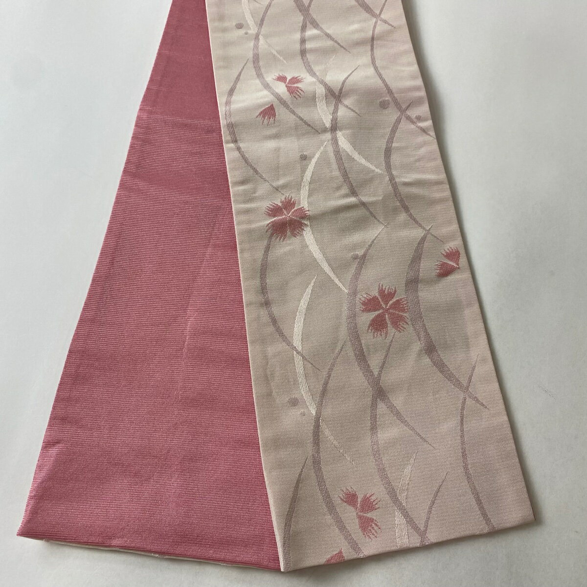半幅帯 優品 露芝 花 薄ピンク 化繊 【中古】