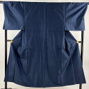 男着物 身丈149cm 裄丈72cm L 袷 亀甲絣 紺色 正絹 秀品 【中古】