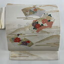 名古屋帯 優品 扇面 草花 箔 灰白 正絹 【中古】