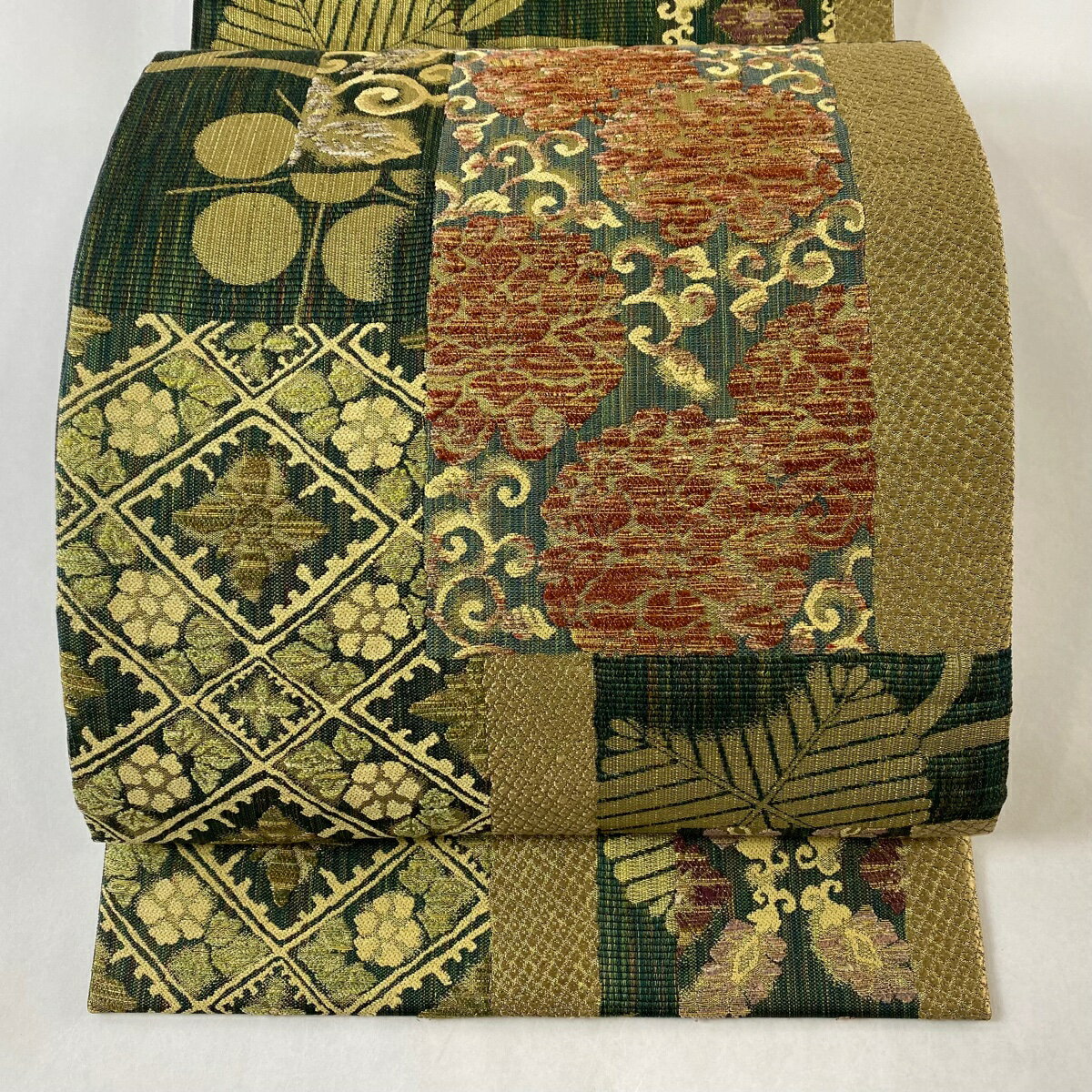 袋帯 美品 名品 花唐草 笹蔓 金糸 箔 深緑 六通 正絹 【中古】