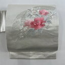 【最終値引き】 名古屋帯 美品 優品 扇 草花 刺繍 箔 銀色 正絹 【中古】 msp70