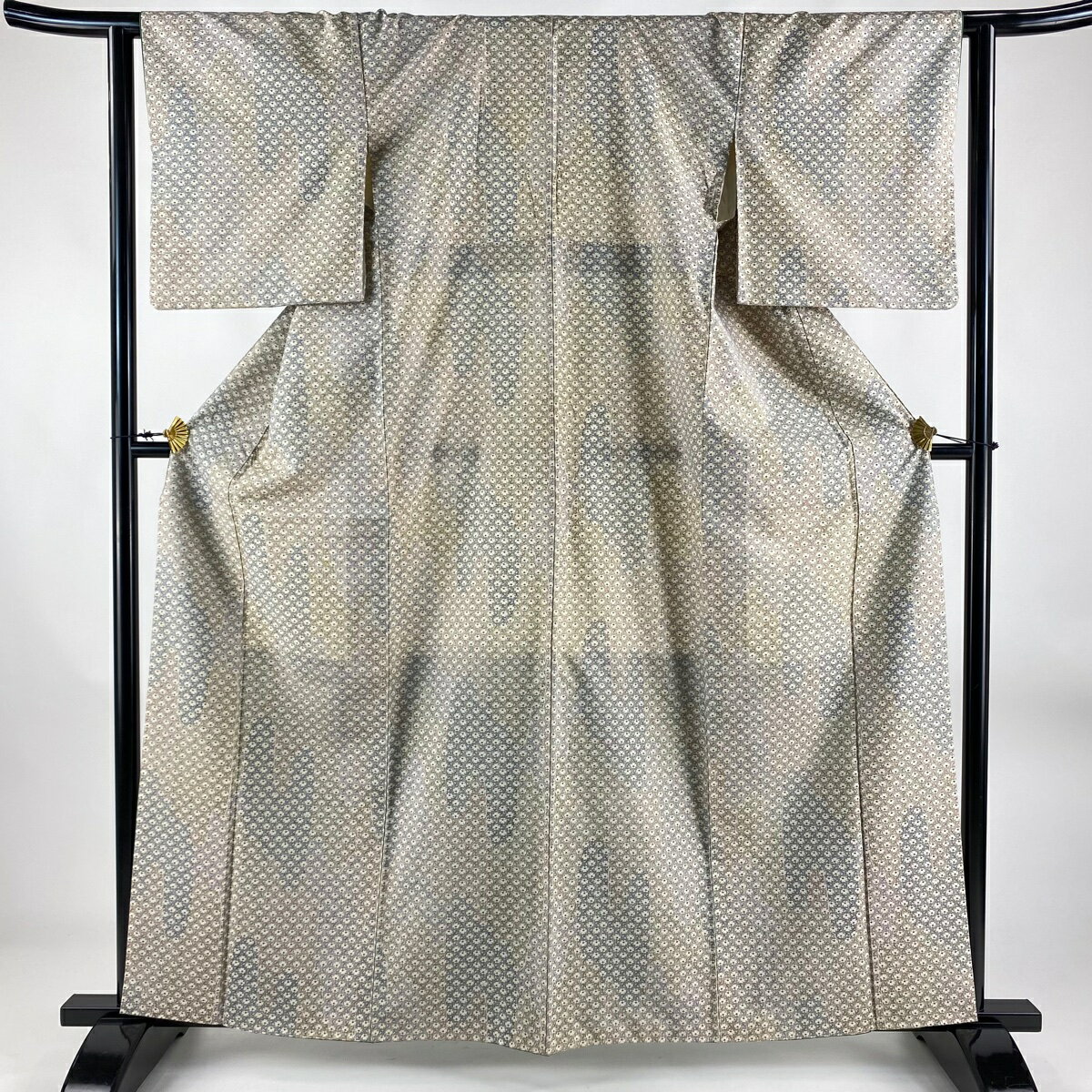 小紋 身丈161.5cm 裄丈64cm M 袷 壺垂れ 花 灰茶 正絹 優品 【中古】
