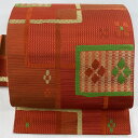 【最終値引き】 名古屋帯 美品 優品 四つ割り菱 花 朱色 正絹 【中古】 msp70