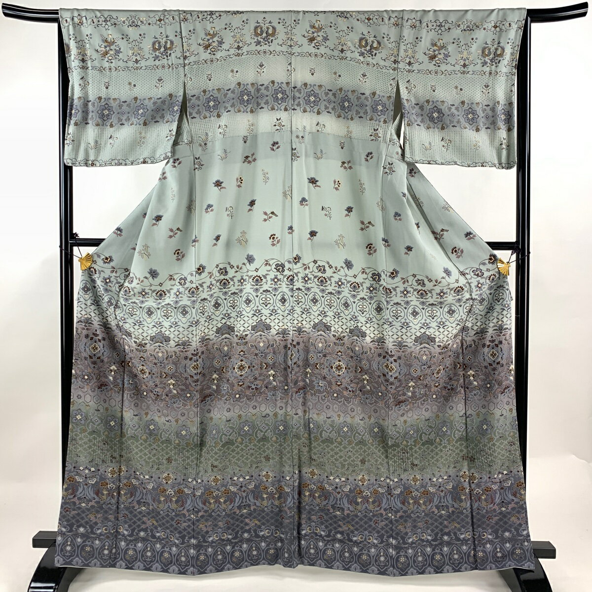 訪問着 身丈163cm 裄丈65.5cm M 袷 華文 向鳥 刺繍 金糸 灰緑 正絹 逸品 【中古】